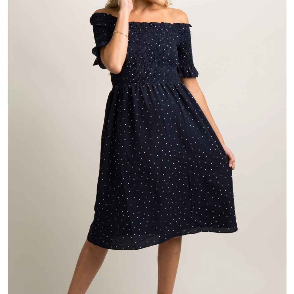 Vine & Love Navy Polka Dot Midi maternity Dress